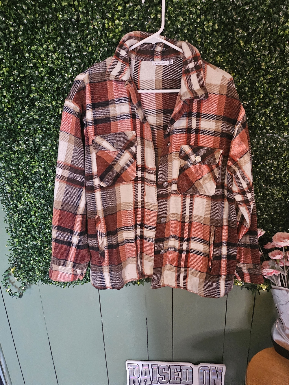 Staccato Rust Plaid Utility Jacket with Cream & Black Accents